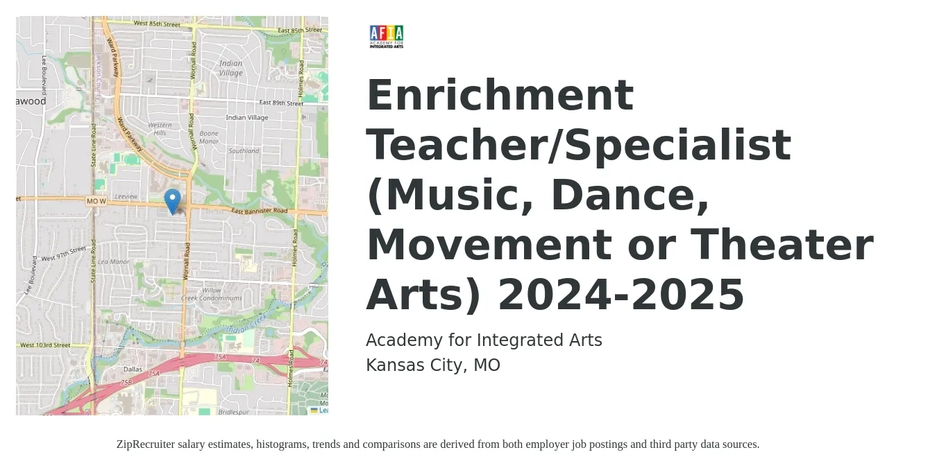 Academy for Integrated Arts job posting for a Enrichment Teacher/Specialist (Music, Dance, Movement or Theater Arts) 2024-2025 in Kansas City, MO with a salary of $50,000 Yearly with a map of Kansas City location.