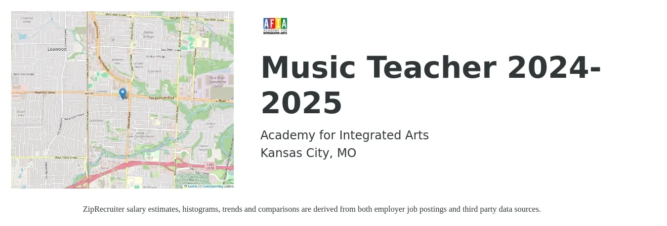 Academy for Integrated Arts job posting for a Music Teacher 2024-2025 in Kansas City, MO with a salary of $50,000 Yearly with a map of Kansas City location.