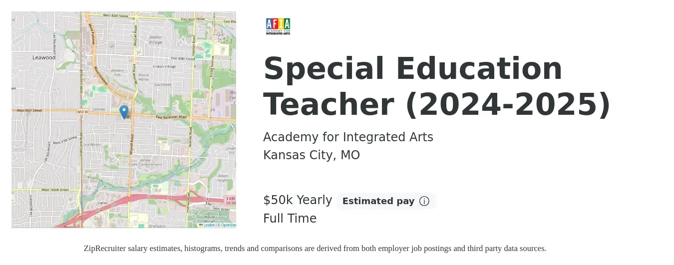 Academy for Integrated Arts job posting for a Special Education Teacher (2024-2025) in Kansas City, MO with a salary of $50,000 Yearly with a map of Kansas City location.