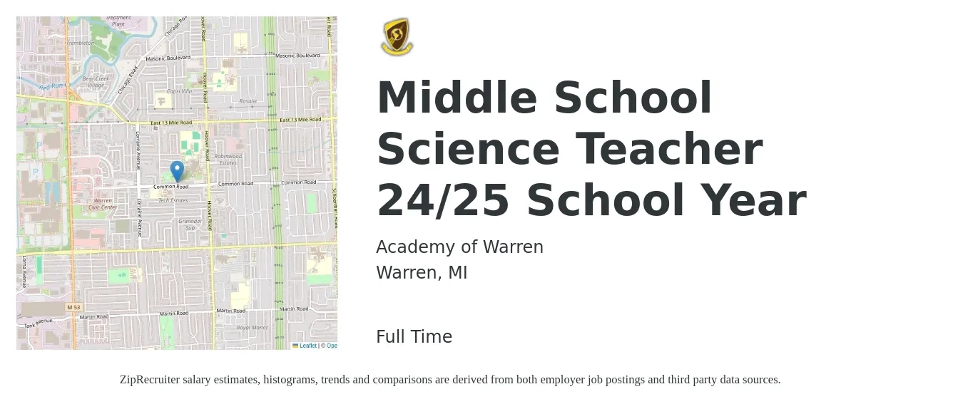 Academy of Warren job posting for a Middle School Science Teacher 24/25 School Year in Warren, MI with a salary of $43,200 to $56,800 Yearly with a map of Warren location.