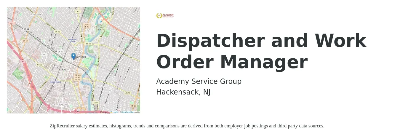 Academy Service Group job posting for a Dispatcher and Work Order Manager in Hackensack, NJ with a salary of $19 to $27 Hourly with a map of Hackensack location.