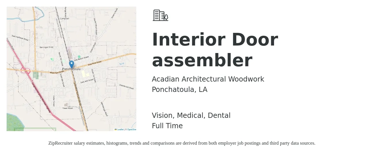 Acadian Architectural Woodwork job posting for a Interior Door assembler in Ponchatoula, LA with a salary of $11 to $15 Hourly and benefits including life_insurance, medical, pto, retirement, vision, and dental with a map of Ponchatoula location.