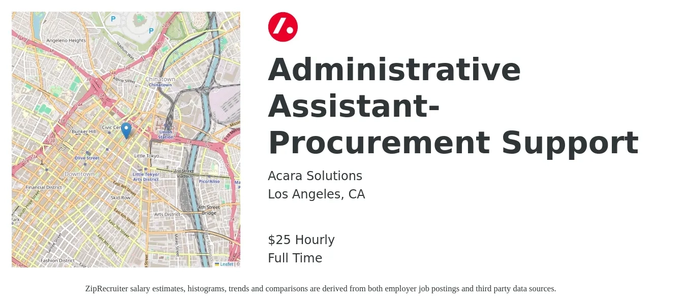 Acara Solutions job posting for a Administrative Assistant- Procurement Support in Los Angeles, CA with a salary of $26 Hourly with a map of Los Angeles location.