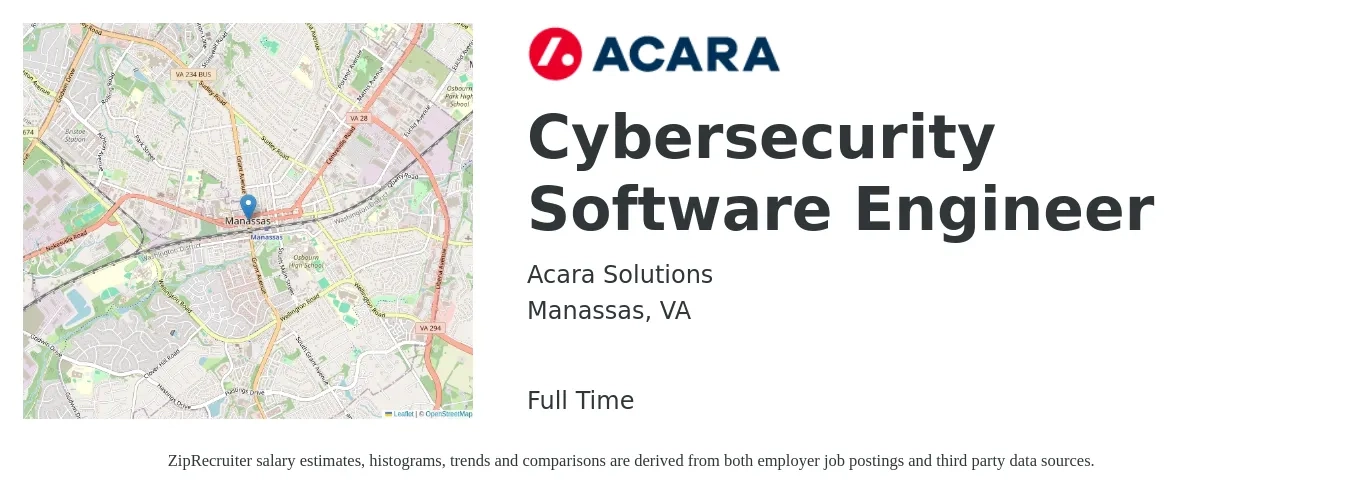 Acara Solutions job posting for a Cybersecurity Software Engineer in Manassas, VA with a salary of $120,000 to $173,000 Yearly with a map of Manassas location.