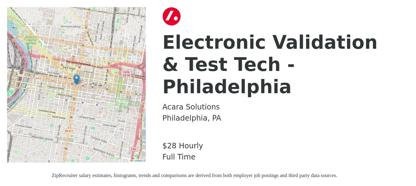 Acara Solutions job posting for a Electronic Validation & Test Tech - Philadelphia in Philadelphia, PA with a salary of $30 Hourly with a map of Philadelphia location.
