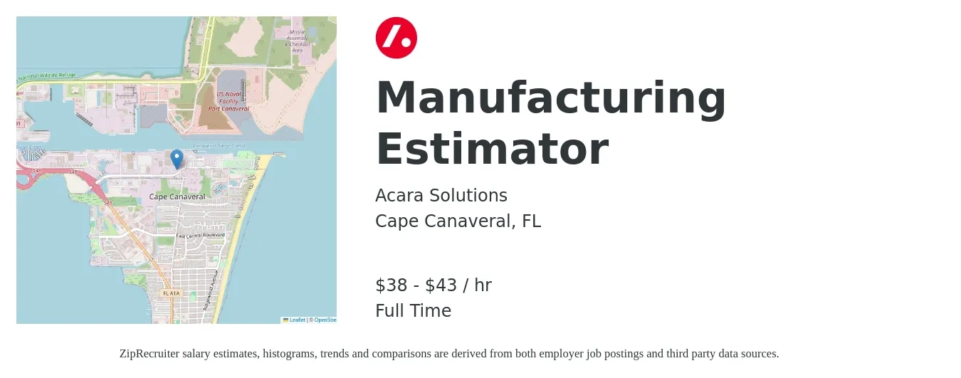 Acara Solutions job posting for a Manufacturing Estimator in Cape Canaveral, FL with a salary of $40 to $45 Hourly with a map of Cape Canaveral location.
