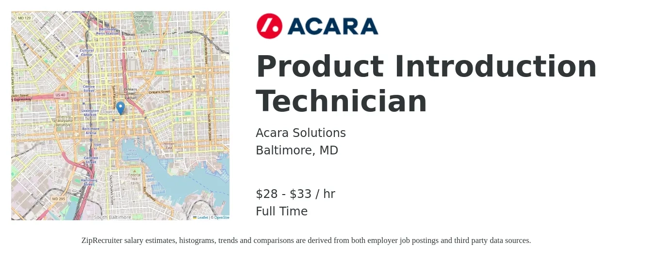 Acara Solutions job posting for a Product Introduction Technician in Baltimore, MD with a salary of $30 to $35 Hourly and benefits including vision, dental, life_insurance, medical, pto, and retirement with a map of Baltimore location.