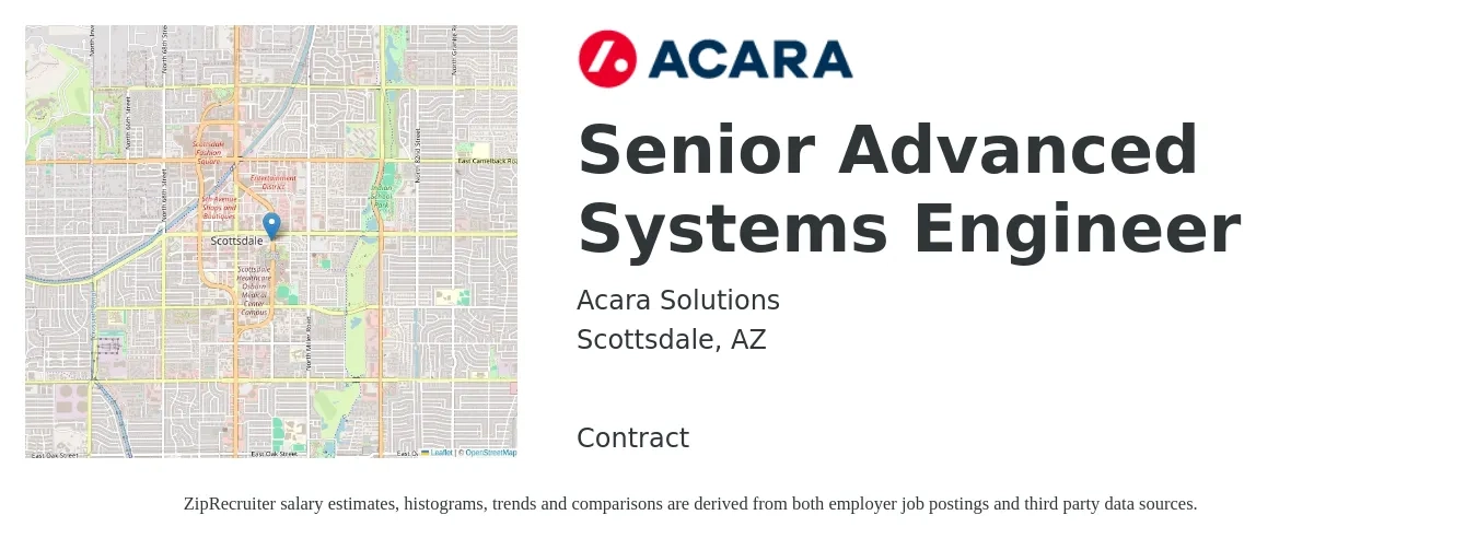 Acara Solutions job posting for a Senior Advanced Systems Engineer in Scottsdale, AZ with a salary of $101,600 to $139,000 Yearly with a map of Scottsdale location.