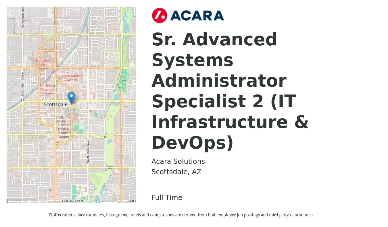 Acara Solutions job posting for a Sr. Advanced Systems Administrator Specialist 2 (IT Infrastructure & DevOps) in Scottsdale, AZ with a salary of $70,500 to $101,700 Yearly with a map of Scottsdale location.