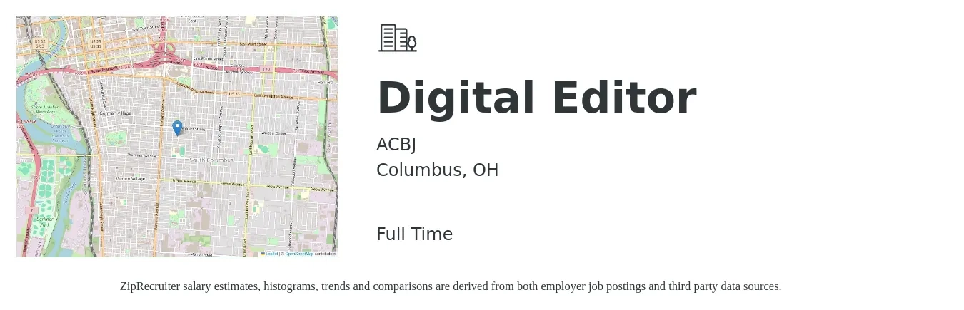 ACBJ job posting for a Digital Editor in Columbus, OH with a salary of $35,300 to $72,500 Yearly with a map of Columbus location.