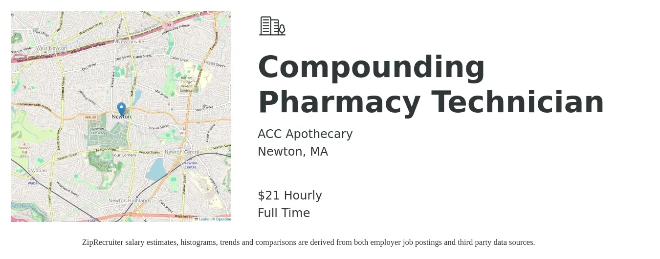 ACC Apothecary job posting for a Compounding Pharmacy Technician in Newton, MA with a salary of $22 Hourly with a map of Newton location.