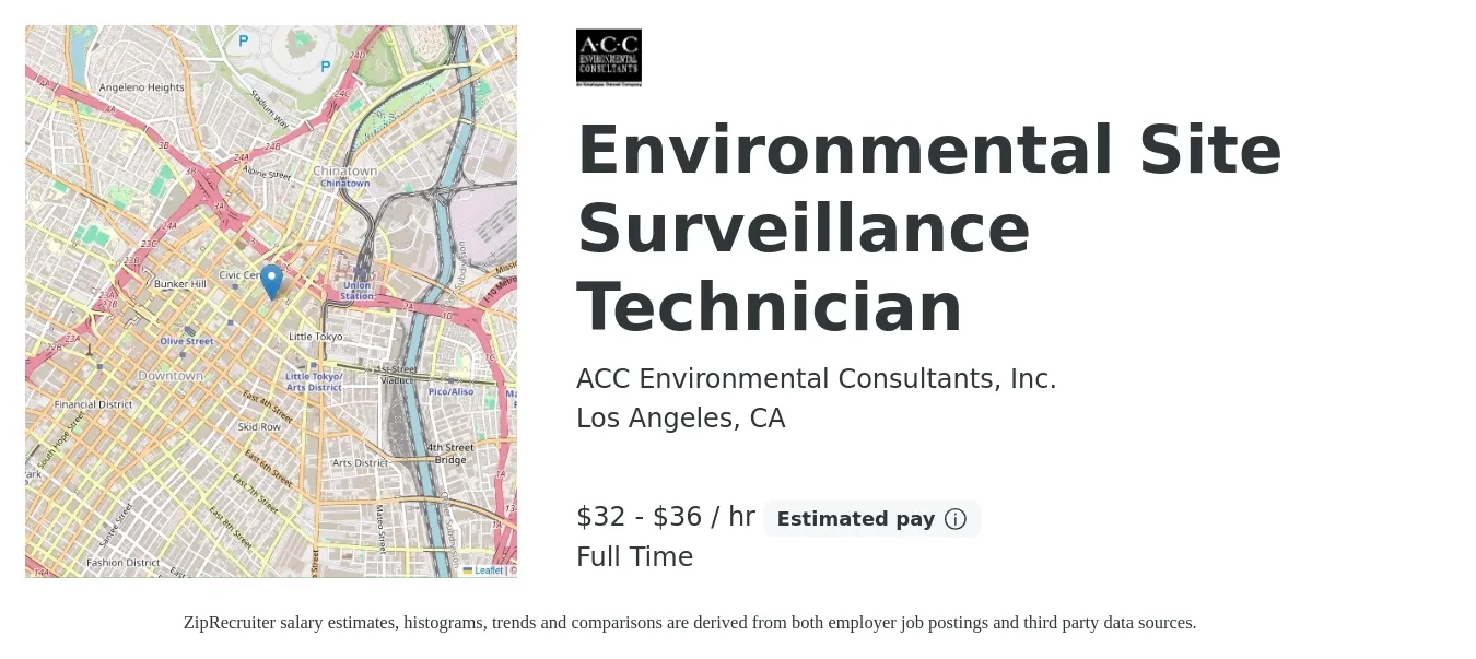 ACC Environmental Consultants, Inc. job posting for a Environmental Site Surveillance Technician in Los Angeles, CA with a salary of $30 to $34 Hourly with a map of Los Angeles location.