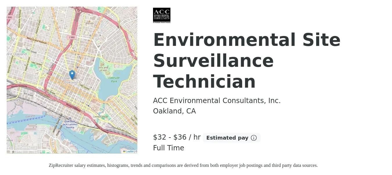 ACC Environmental Consultants, Inc. job posting for a Environmental Site Surveillance Technician in Oakland, CA with a salary of $30 to $34 Hourly with a map of Oakland location.