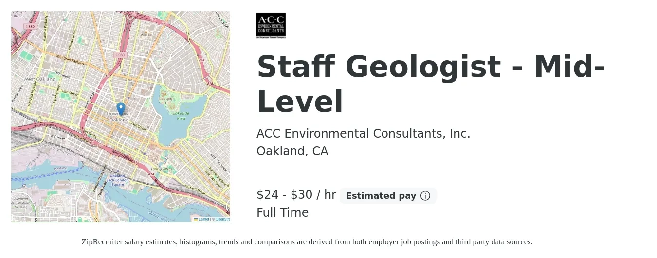 ACC Environmental Consultants, Inc. job posting for a Staff Geologist - Mid-Level in Oakland, CA with a salary of $25 to $32 Hourly with a map of Oakland location.