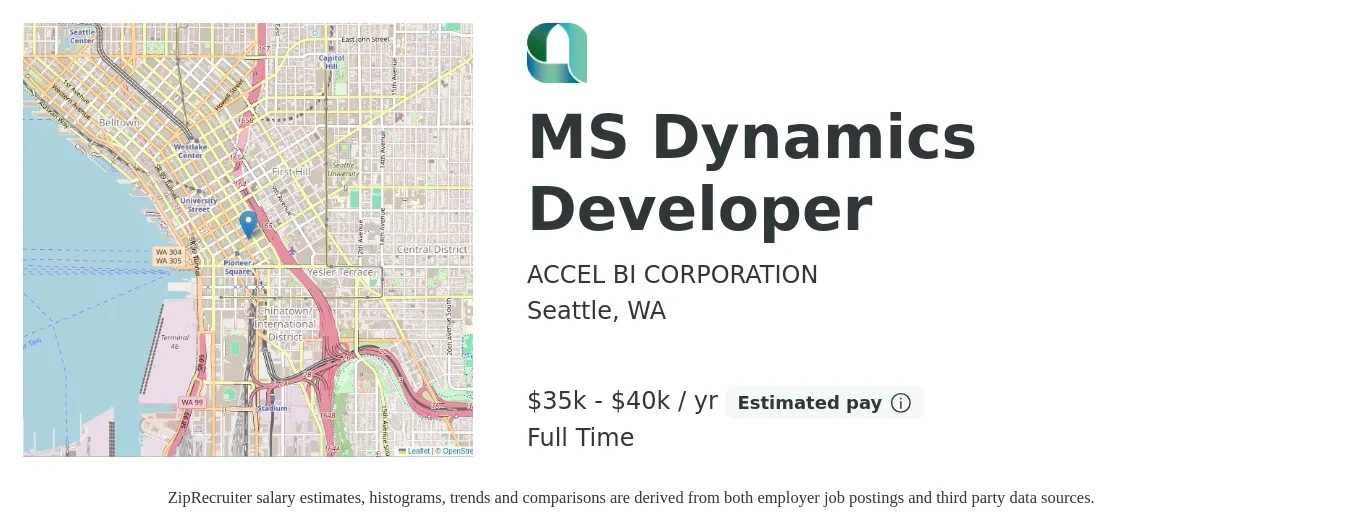 ACCEL BI CORPORATION job posting for a MS Dynamics Developer in Seattle, WA with a salary of $35,000 to $40,000 Yearly with a map of Seattle location.