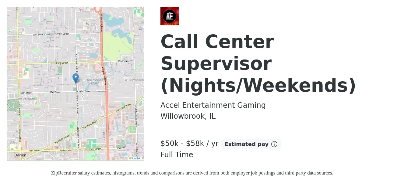 Accel Entertainment Gaming job posting for a Call Center Supervisor (Nights/Weekends) in Willowbrook, IL with a salary of $50,000 to $58,000 Yearly with a map of Willowbrook location.