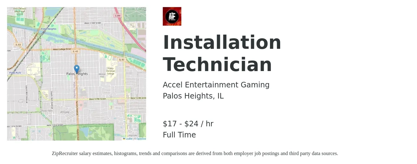 Accel Entertainment Gaming job posting for a Installation Technician in Palos Heights, IL with a salary of $18 to $25 Yearly with a map of Palos Heights location.