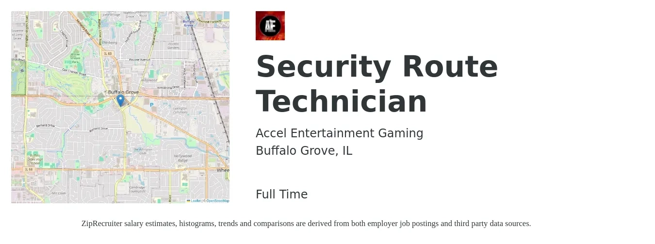 Accel Entertainment Gaming job posting for a Security Route Technician in Buffalo Grove, IL with a salary of $26 Hourly with a map of Buffalo Grove location.