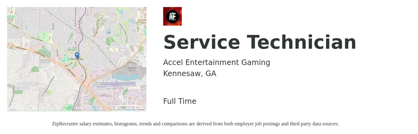 Accel Entertainment Gaming job posting for a Service Technician in Kennesaw, GA with a salary of $18 to $26 Hourly with a map of Kennesaw location.