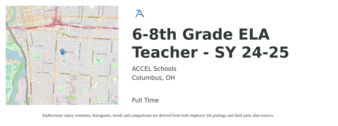 ACCEL Schools job posting for a 6-8th Grade ELA Teacher - SY 24-25 in Columbus, OH with a salary of $45,400 to $61,800 Yearly with a map of Columbus location.
