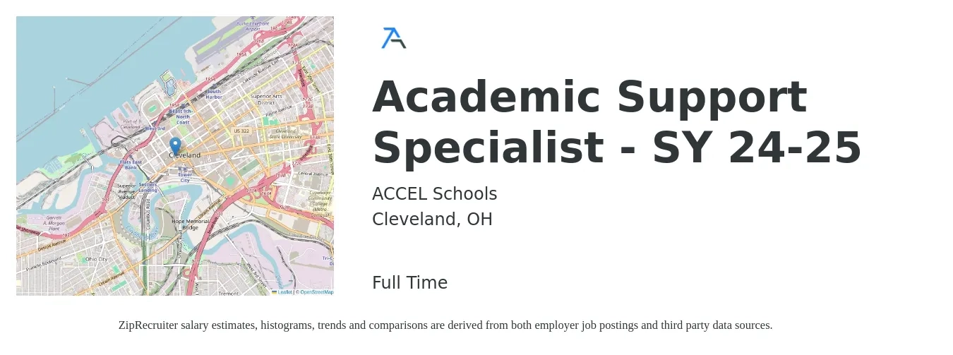 ACCEL Schools job posting for a Academic Support Specialist - SY 24-25 in Cleveland, OH with a salary of $40,200 to $55,300 Yearly with a map of Cleveland location.