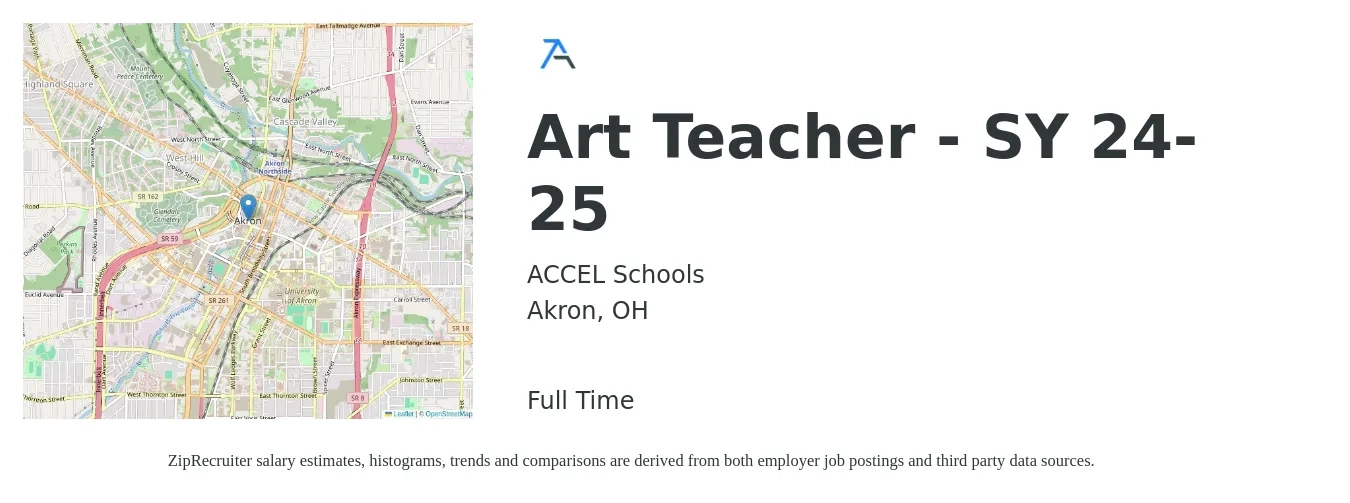 ACCEL Schools job posting for a Art Teacher - SY 24-25 in Akron, OH with a salary of $45,400 to $57,900 Yearly with a map of Akron location.