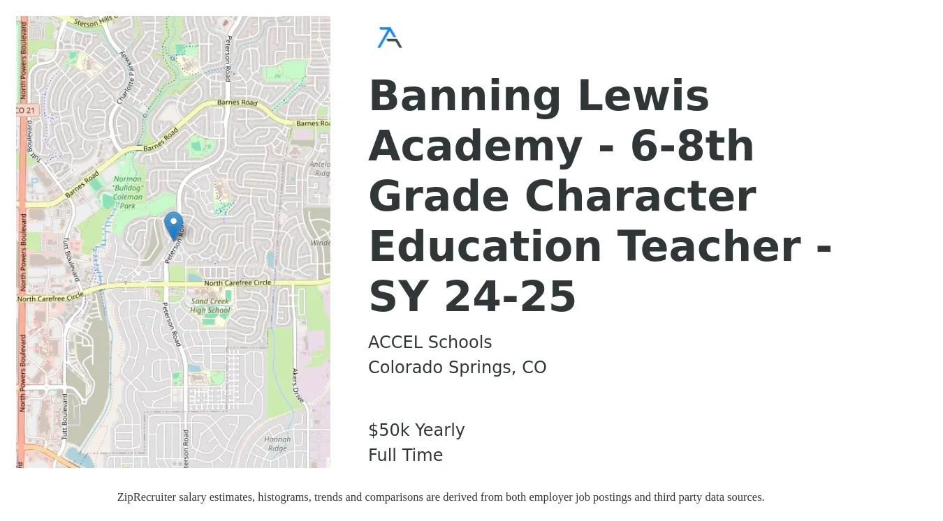 ACCEL Schools job posting for a Banning Lewis Academy - 6-8th Grade Character Education Teacher - SY 24-25 in Colorado Springs, CO with a salary of $50,000 Yearly with a map of Colorado Springs location.
