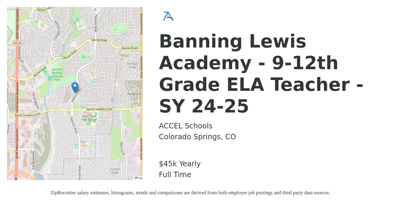 ACCEL Schools job posting for a Banning Lewis Academy - 9-12th Grade ELA Teacher - SY 24-25 in Colorado Springs, CO with a salary of $45,000 Yearly with a map of Colorado Springs location.