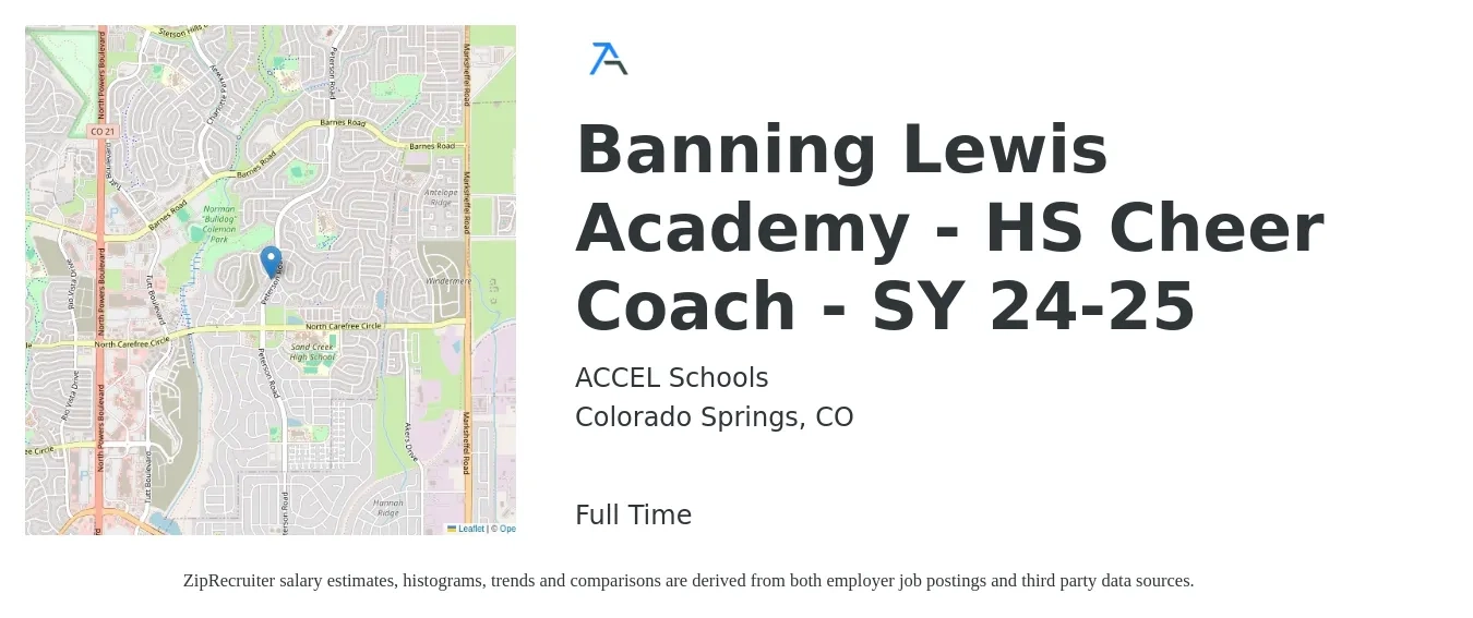 ACCEL Schools job posting for a Banning Lewis Academy - HS Cheer Coach - SY 24-25 in Colorado Springs, CO with a salary of $500 Weekly with a map of Colorado Springs location.