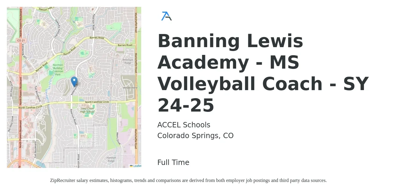 ACCEL Schools job posting for a Banning Lewis Academy - MS Volleyball Coach - SY 24-25 in Colorado Springs, CO with a salary of $500 Weekly with a map of Colorado Springs location.