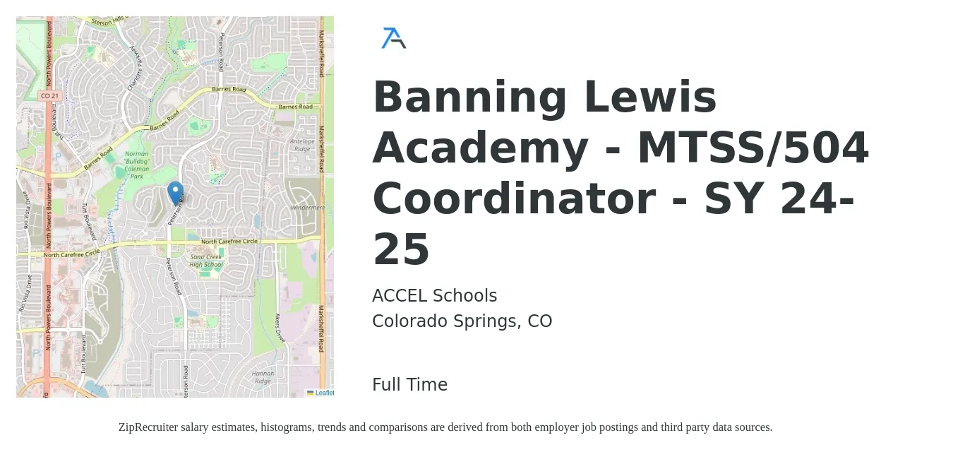 ACCEL Schools job posting for a Banning Lewis Academy - MTSS/504 Coordinator - SY 24-25 in Colorado Springs, CO with a salary of $40,400 to $62,100 Yearly with a map of Colorado Springs location.