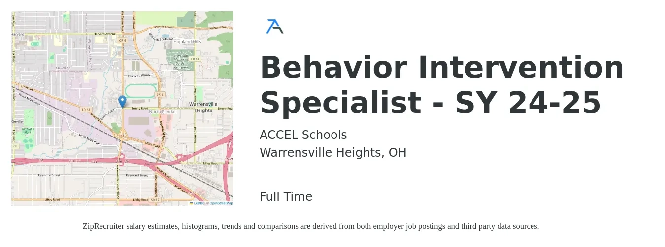 ACCEL Schools job posting for a Behavior Intervention Specialist - SY 24-25 in Warrensville Heights, OH with a salary of $18 to $25 Hourly with a map of Warrensville Heights location.