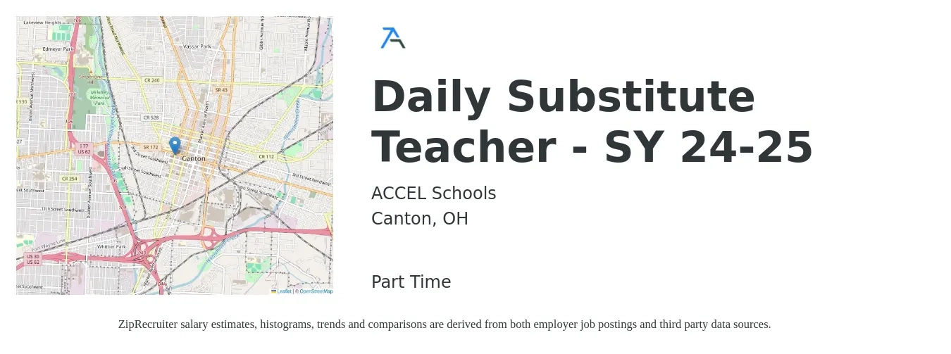 ACCEL Schools job posting for a Daily Substitute Teacher - SY 24-25 in Canton, OH with a salary of $116 to $187 Daily with a map of Canton location.