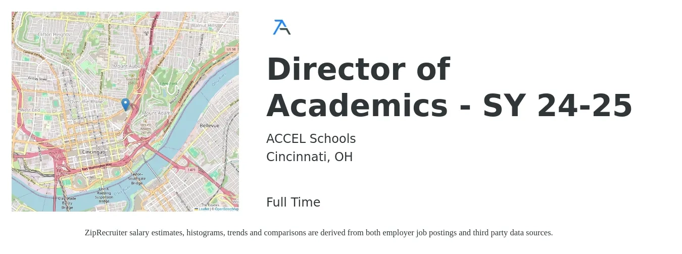 ACCEL Schools job posting for a Director of Academics - SY 24-25 in Cincinnati, OH with a salary of $48,900 to $83,000 Yearly with a map of Cincinnati location.