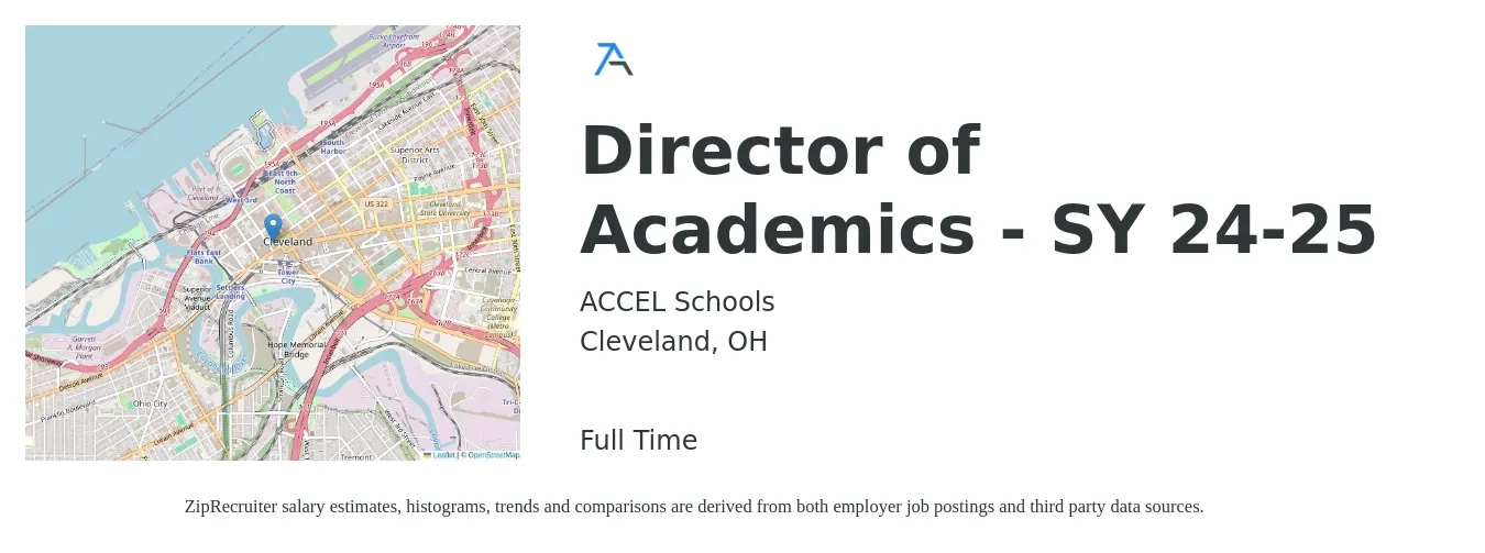 ACCEL Schools job posting for a Director of Academics - SY 24-25 in Cleveland, OH with a salary of $49,500 to $83,900 Yearly with a map of Cleveland location.