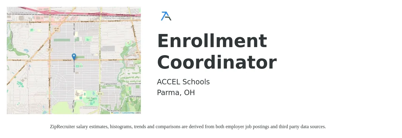 ACCEL Schools job posting for a Enrollment Coordinator in Parma, OH with a salary of $18 to $25 Hourly with a map of Parma location.