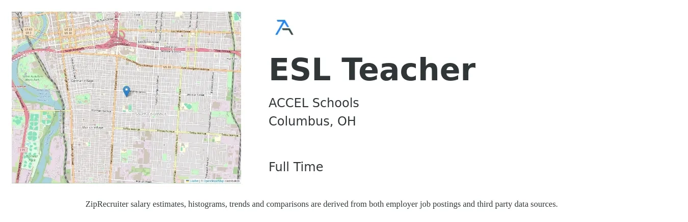 ACCEL Schools job posting for a ESL Teacher in Columbus, OH with a salary of $40,100 to $60,900 Yearly with a map of Columbus location.