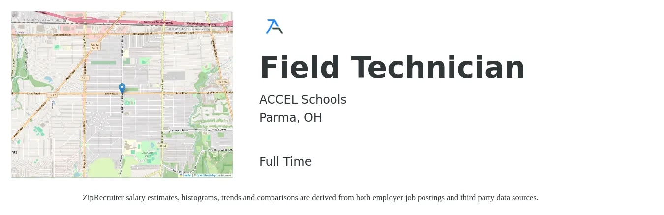 ACCEL Schools job posting for a Field Technician in Parma, OH with a salary of $19 to $26 Hourly with a map of Parma location.