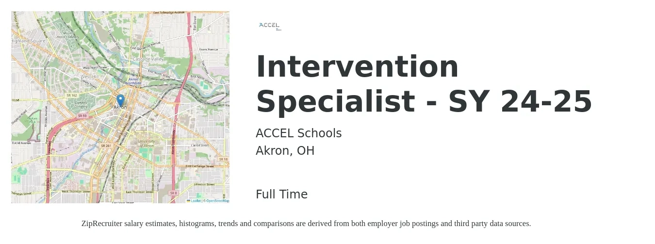 ACCEL Schools job posting for a Intervention Specialist - SY 24-25 in Akron, OH with a salary of $39,700 to $54,500 Yearly with a map of Akron location.