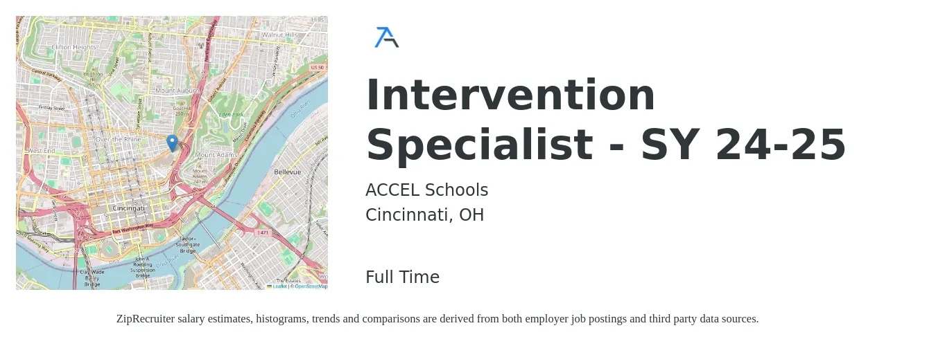 ACCEL Schools job posting for a Intervention Specialist - SY 24-25 in Cincinnati, OH with a salary of $39,800 to $54,700 Yearly with a map of Cincinnati location.