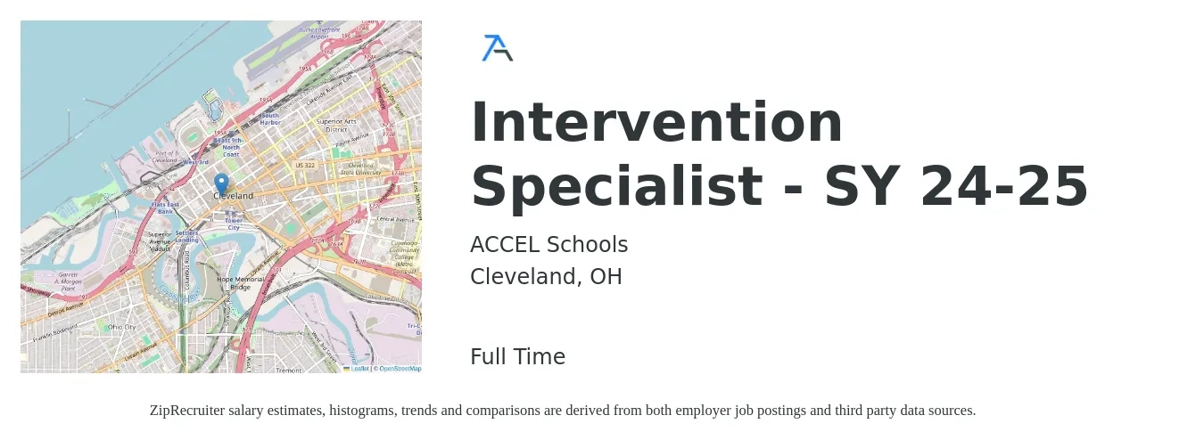 ACCEL Schools job posting for a Intervention Specialist - SY 24-25 in Cleveland, OH with a salary of $40,200 to $55,300 Yearly with a map of Cleveland location.