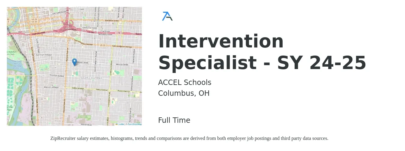 ACCEL Schools job posting for a Intervention Specialist - SY 24-25 in Columbus, OH with a salary of $40,100 to $55,100 Yearly with a map of Columbus location.