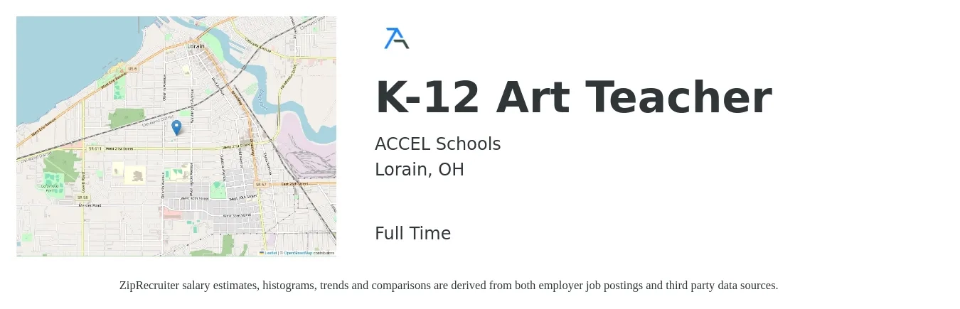 ACCEL Schools job posting for a K-12 Art Teacher in Lorain, OH with a salary of $40,400 to $54,500 Yearly with a map of Lorain location.