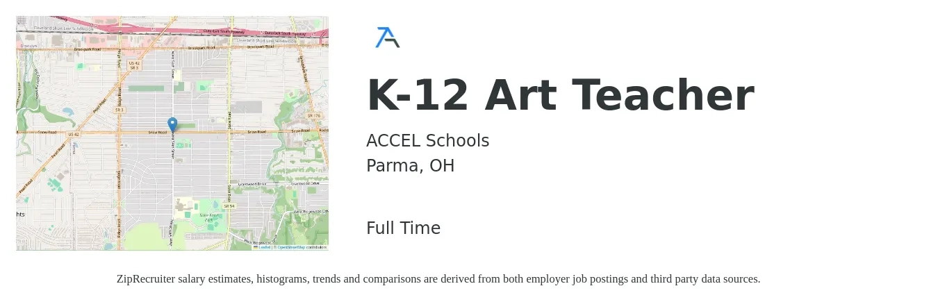ACCEL Schools job posting for a K-12 Art Teacher in Parma, OH with a salary of $42,200 to $57,000 Yearly with a map of Parma location.