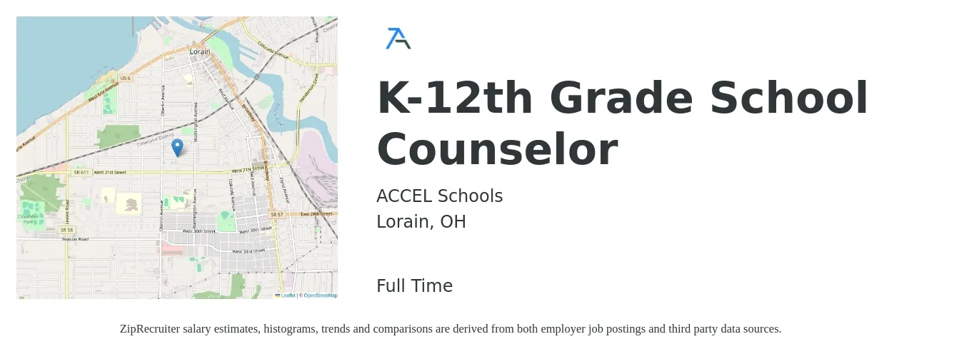 ACCEL Schools job posting for a K-12th Grade School Counselor in Lorain, OH with a salary of $43,600 to $63,100 Yearly with a map of Lorain location.