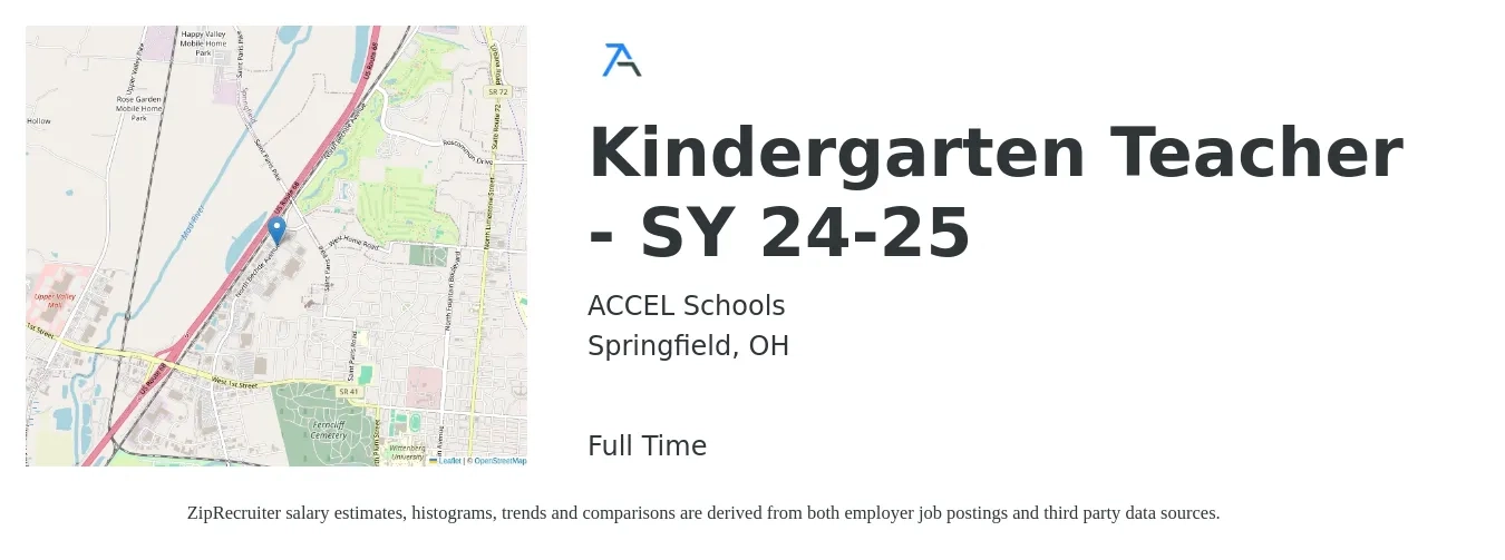 ACCEL Schools job posting for a Kindergarten Teacher - SY 24-25 in Springfield, OH with a salary of $31,100 to $48,200 Yearly with a map of Springfield location.