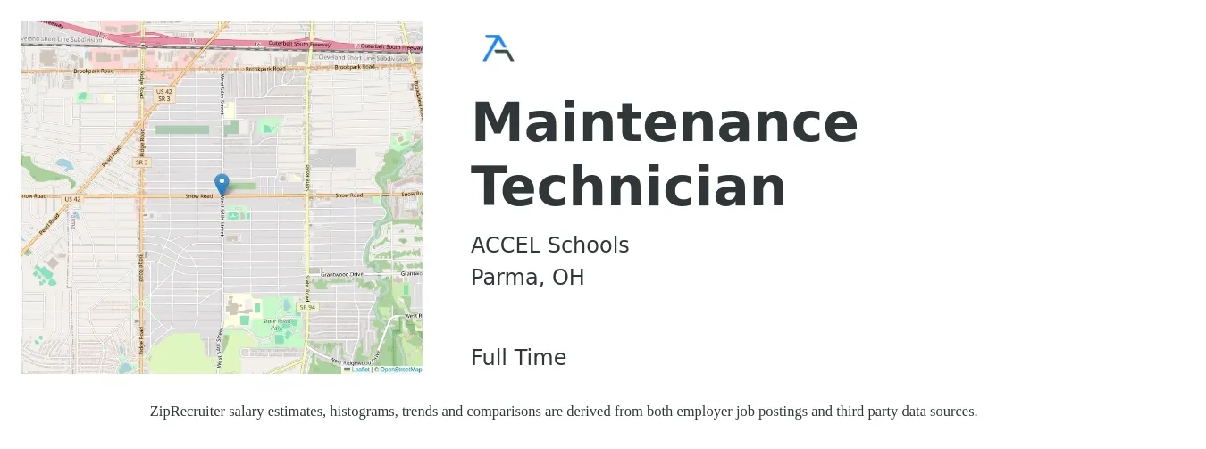 ACCEL Schools job posting for a Maintenance Technician in Parma, OH with a salary of $18 to $26 Hourly with a map of Parma location.
