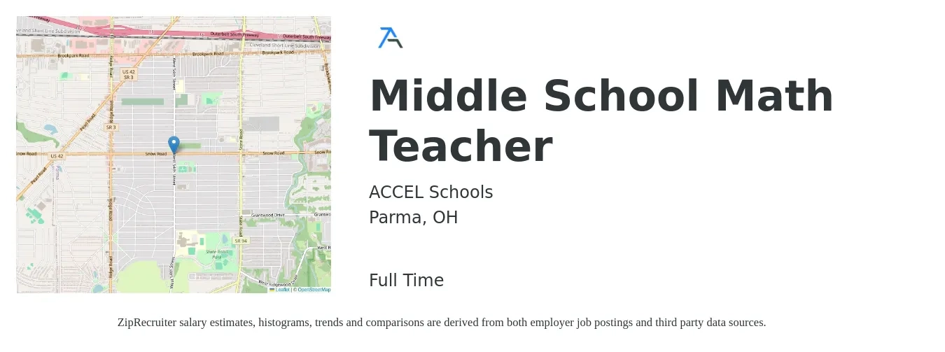 ACCEL Schools job posting for a Middle School Math Teacher in Parma, OH with a salary of $44,600 to $57,900 Yearly with a map of Parma location.