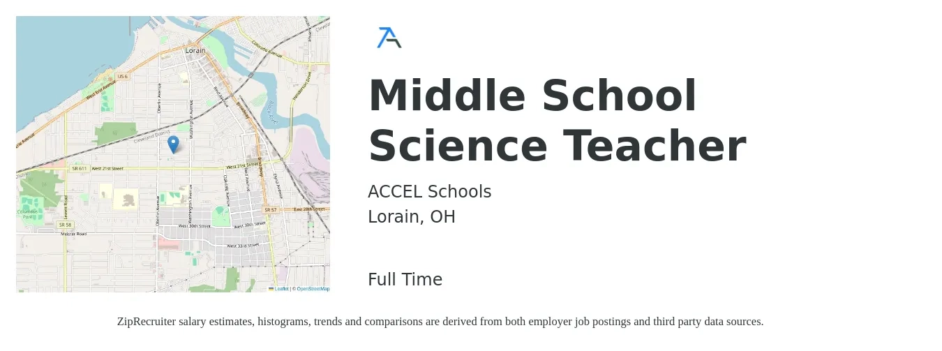 ACCEL Schools job posting for a Middle School Science Teacher in Lorain, OH with a salary of $41,800 to $54,900 Yearly with a map of Lorain location.