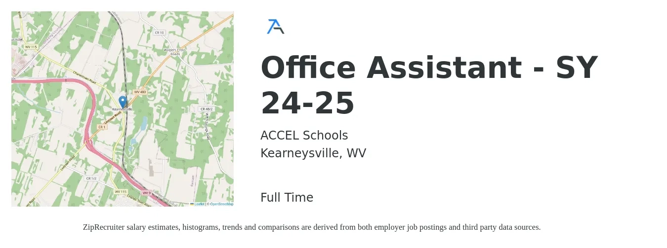 ACCEL Schools job posting for a Office Assistant - SY 24-25 in Kearneysville, WV with a salary of $16 to $22 Hourly with a map of Kearneysville location.